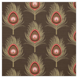 Tissu Plumes de paon, beiges sur brun chocolat foncé