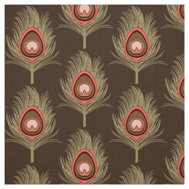 Tissu Plumes de paon, beiges sur brun chocolat foncé (Échantillon)