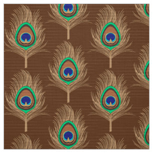 Tissu Plumes de paon, chameau Tan sur brun chocolat