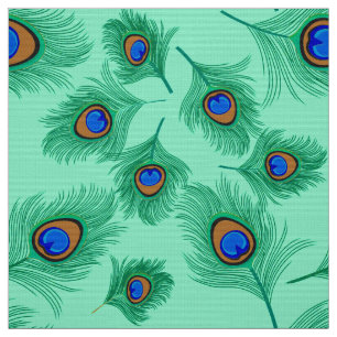 Tissu Plumes de paon turquoise sur Aqua clair
