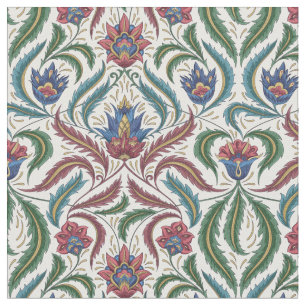 Tissu Plumes Feuilles Floral Damas en bleu vert rouge