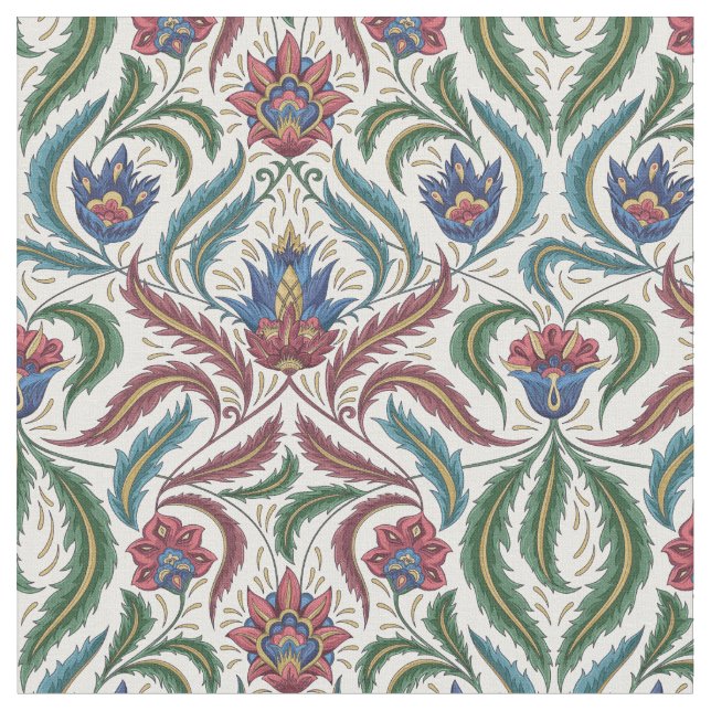 Tissu Plumes Feuilles Floral Damas en bleu vert rouge (Fermer)