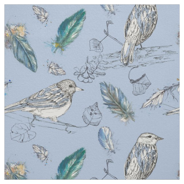 Tissu Plumes Oiseaux Feuilles Dessin Nature Bleu (Échantillon)