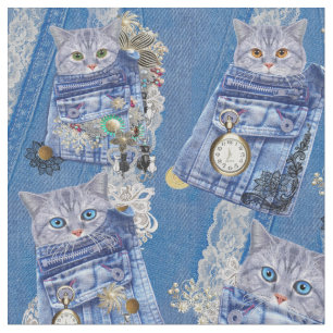 Tissu Poches et chatons magiques Denim