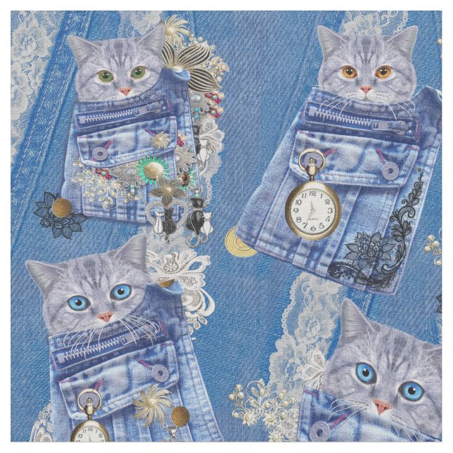 Tissu Poches et chatons magiques Denim (Fermer)