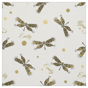 Tissu Points de nom dorés personnalisés et libellule