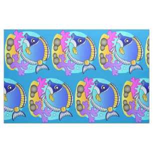 Tissu Poisson d'eau salée bleu et jaune caricature 2