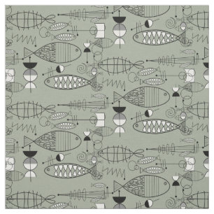 Tissu Poisson du milieu du siècle Art noir blanc vert