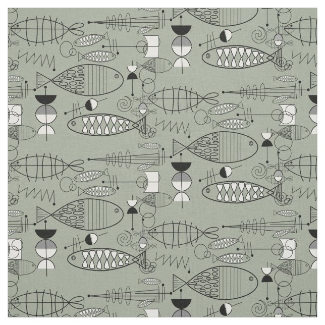 Tissu Poisson du milieu du siècle Art noir blanc vert (Échantillon)