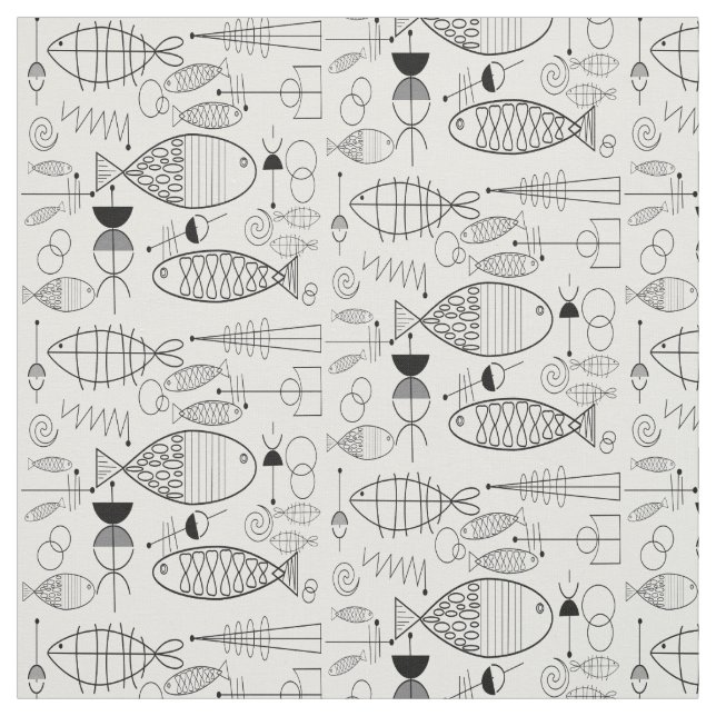 Tissu Poisson du milieu du siècle noir et blanc (Échantillon)