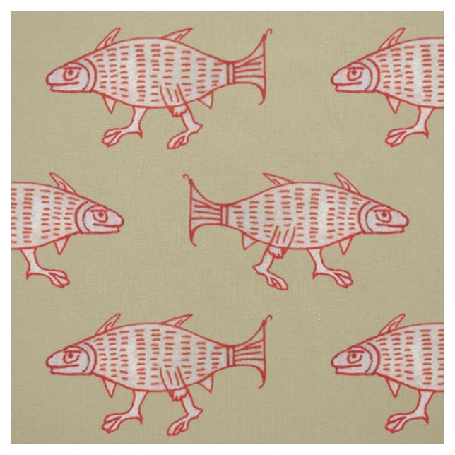 Tissu Poisson Médiéval Marchant sur Tan (Échantillon)