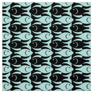 Tissu Poisson moderne du milieu du siècle, aqua et noir