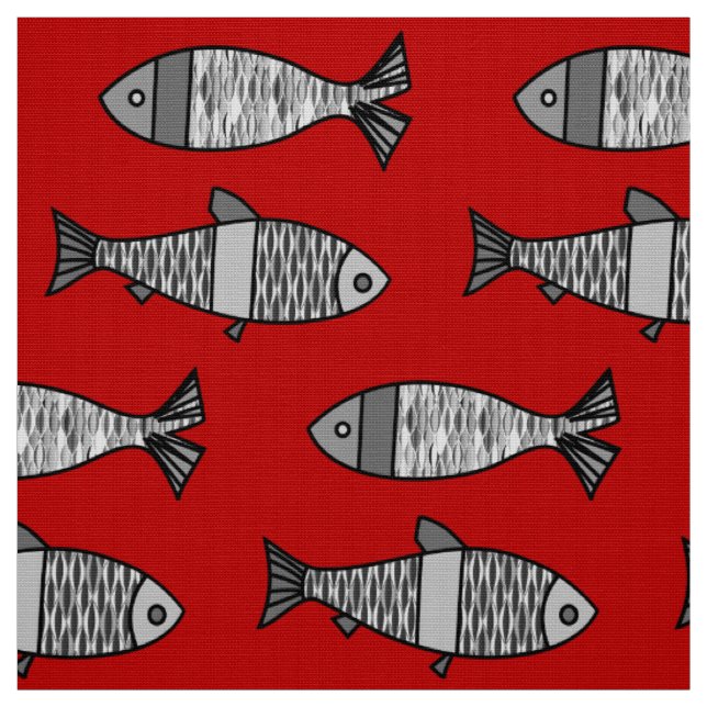 Tissu Poisson moderne rétro, rouge profond et gris / gri (Échantillon)
