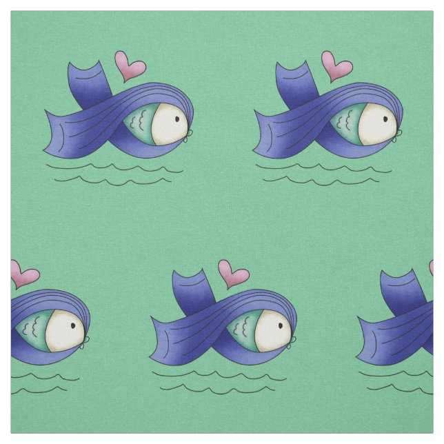 Tissu Poissons et coeur bleus de ruban de conscience (Échantillon)