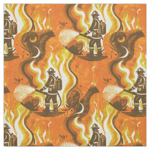 Tissu Pompier rétro et flammes en orange et jaune