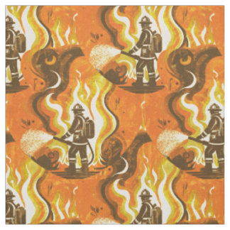 Tissu Pompier rétro et flammes en orange et jaune