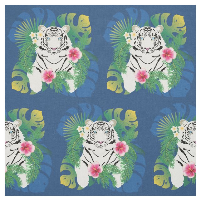 Tissu Portrait de tigre blanc avec feuilles tropicaux (Échantillon)
