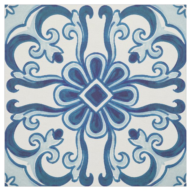 Tissu Portugais Azulejos Blue Floral Motif (Échantillon)