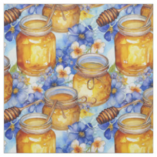 Tissu Pots d'aquarelle de miel aux fleurs bleues