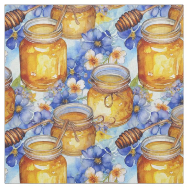 Tissu Pots d'aquarelle de miel aux fleurs bleues (Échantillon)