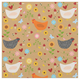 Tissu Poulets dans le jardin avec fleurs et insectes