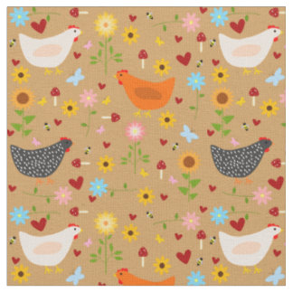 Tissu Poulets dans le jardin avec fleurs et insectes