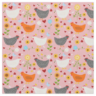 Tissu Poulets dans le jardin avec fleurs rose