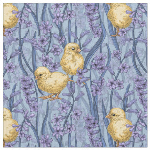 Tissu Poulets et hyacinthes bleu ciel