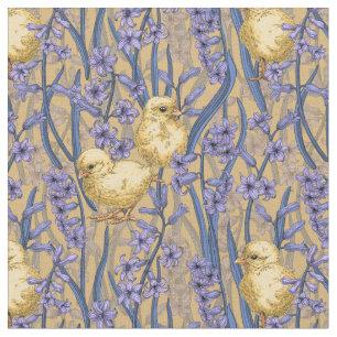 Tissu Poulets et hyacinthes jaunes