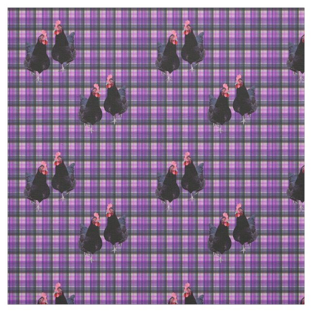 Tissu Poulets Noirs Sur Tartan Violet, (Échantillon)
