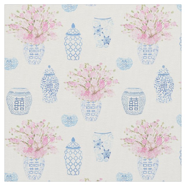 Tissu Pouponnière Rose Blanc Et Bleu Ginger Jars (Fermer)