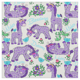 Tissu Pourpre lunatique Teal d'oiseaux de girafes de