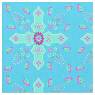 Tissu Printemps Arabesque de vie Croix Florale Turquoise