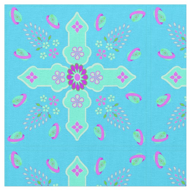 Tissu Printemps Arabesque de vie Croix Florale Turquoise (Fermer)