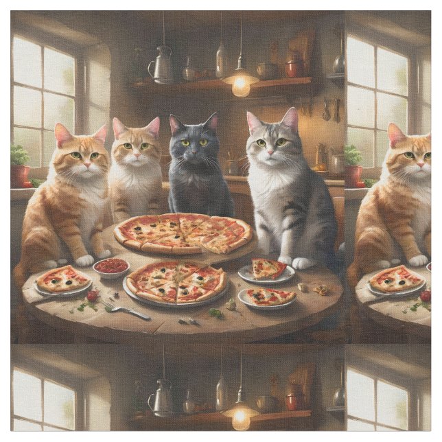 Tissu Quatre Chats Avec Pizza Pour Le Dîner. (Fermer)