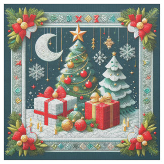 Tissu Quilt Look Christmas Scene Moon and Trees