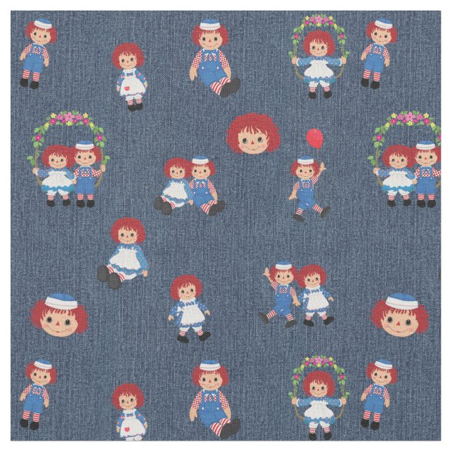 Tissu Raggedy Ann et Andy sur Blue Denim (Fermer)