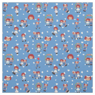 Tissu Raggedy Ann et Andy sur des cœurs tombants sur fon