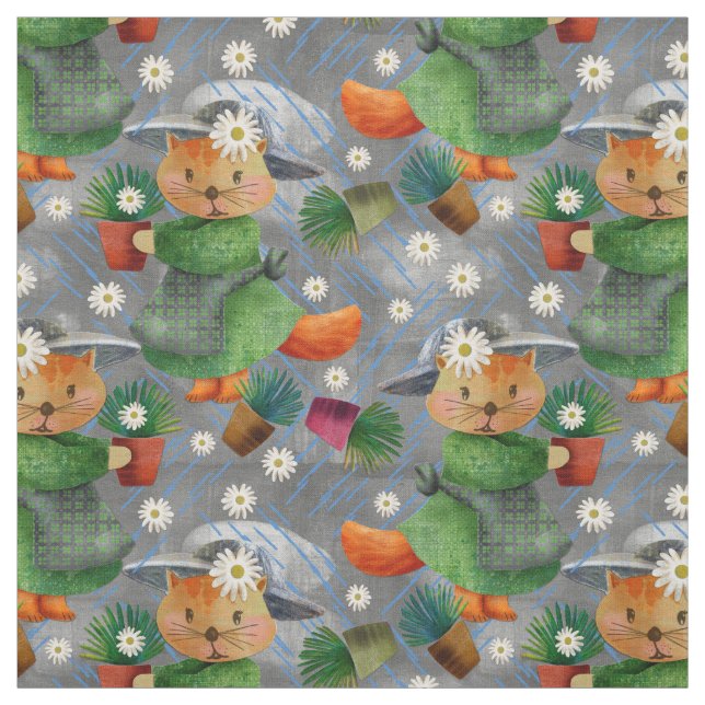 Tissu Rainy Day Ginger Cat Daisies Motif (Échantillon)