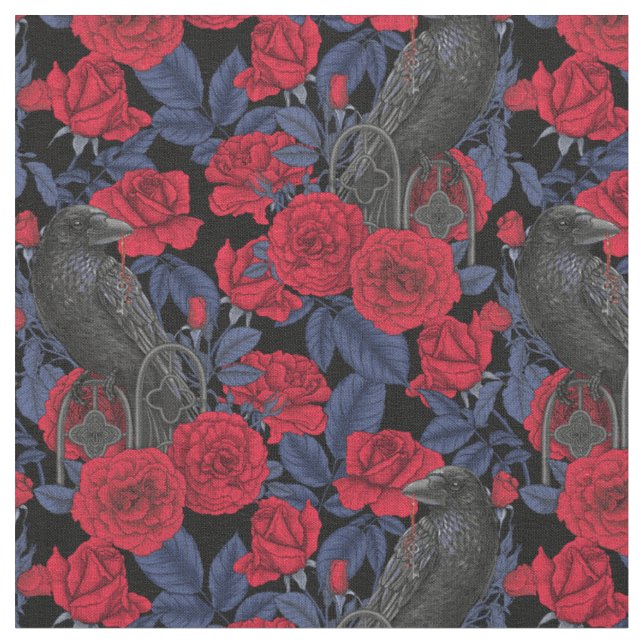 Tissu Ravages et roses avec des feuilles bleu foncé (Fermer)
