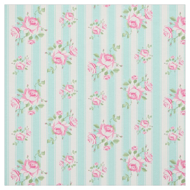 Tissu Rayure florale Teal de rose classique de cru (Échantillon)