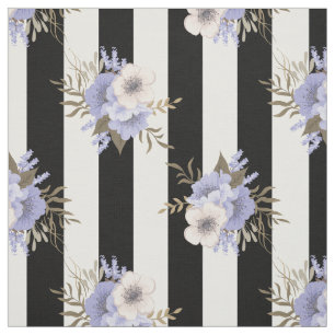 Tissu Rayure noir et blanc avec motif floral bleu et crè