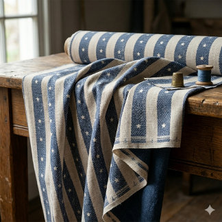 Tissu Rayure Vintage & Petites Étoiles Bleu & Blanc ID13