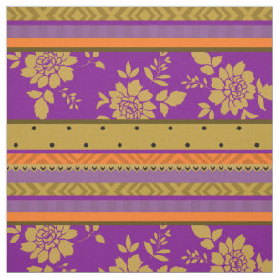 Tissu Rayures florales de jaune violet chic de moutarde