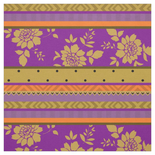 Tissu Rayures florales de jaune violet chic de moutarde (Échantillon)