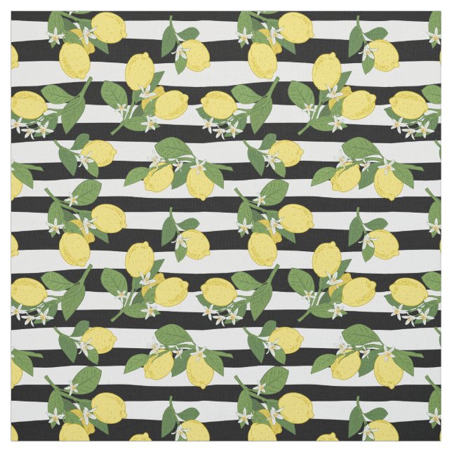 Tissu Rayures Noires Citron Citrons (Échantillon)