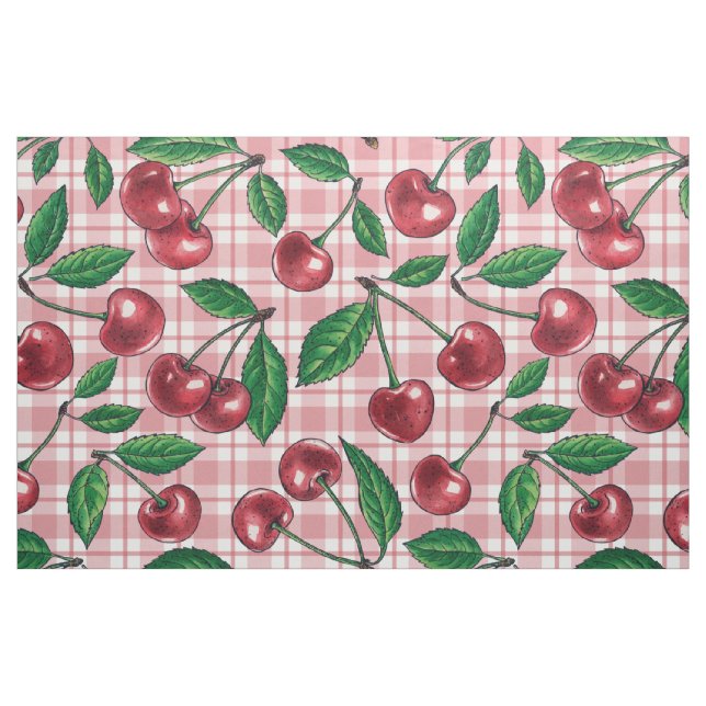 Tissu Red cherries on pink gingham (Fat Quarter)