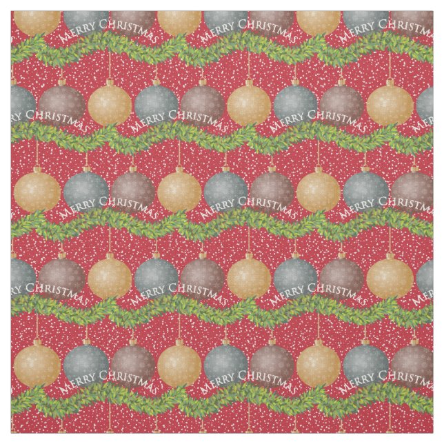 Tissu RED Joyeux motif de boules de Noël (Échantillon)