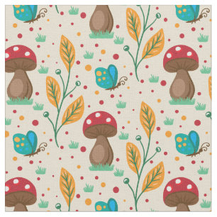 Tissu Red Polka Dot Champignons & Papillons Motif