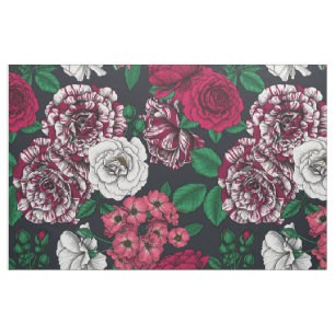 Tissu Red, white and bi-color roses with green leaves